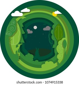 tree,seedling and with environment conservation.Vector illustration. 
forest and wildlife.
forest animals, hare, bear, bird, deer, hedgehog. day and night, the moon, the sun, the stars about the blac.