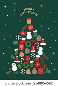 Uma ilustração em forma de árvore combinando ícones em um fundo nevado com um conceito de Natal. Os ícones são árvore, ornamento, berrie, presente, bengala, poinsettia, azevinho e galho de árvore.