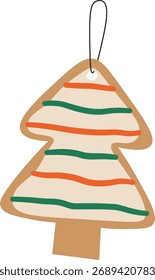 Un adorno en forma de árbol con líneas onduladas en un estilo plano. La decoración cuelga de una cuerda y presenta un diseño simple. Ilustración vectorial de dibujos animados.