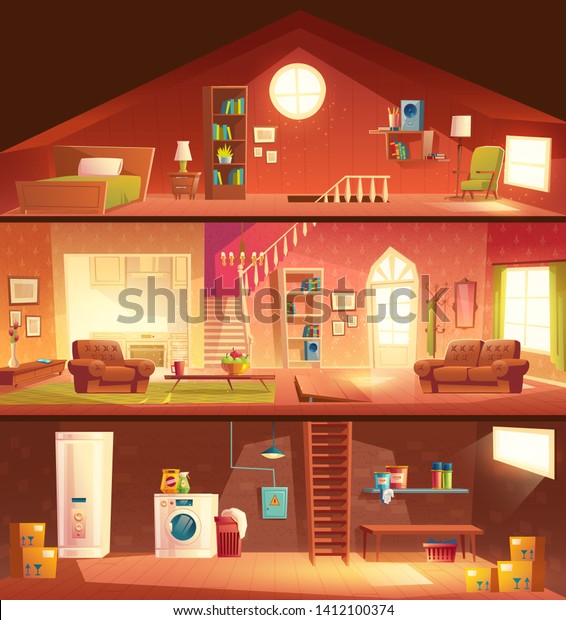 Treestorey House Cottage Cross Section Building Stock Vector