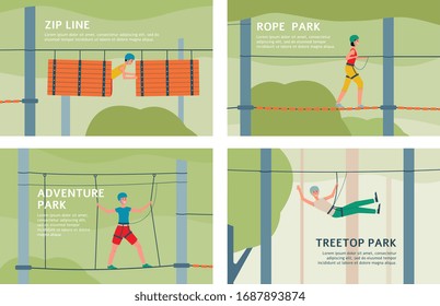 Treetop Adventure Rope Park And Zip Line - Flat Banner Set With Cartoon People On Walking On Obstacle Course In Summer Forest With Safety Equipment. Vector Illustration.