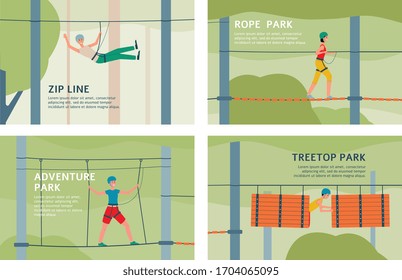 Treetop Adventure Rope Park And Zip Line - Flat Banner Set With Cartoon People On Walking On Obstacle Course In Summer Forest With Safety Equipment. Vector Illustration.