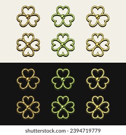 Trefoil y 4 hojas de cuatro hojas con suerte de shamrock hecho como joyas de los encantos de los dorados. Delgado marco dorado. Decoración del Día de los Patrocinadores. Estilo vintage