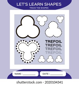 Trefoil. Basic geometric shapes. Elements for children. Learn Shapes. Handwriting practice. Trace and write. Educational children game. Kids activity printable sheet. Purple Background.