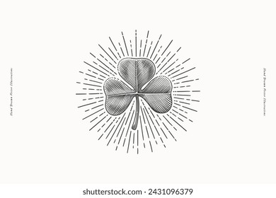 Trébol de trébol en rayos brillantes. Elemento de vacaciones de San Patricio en estilo de grabado. Ilustración vectorial de un fondo claro. La hoja de tres hojas es un símbolo de independencia y libertad.