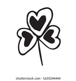 Trefoil clover single. Doodle style. St. Patrick's Day Decoration.Hand-drawn. Black line.  Vector isolated on a white background.
