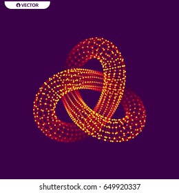 Trefoil knot. Object with connected lines and dots. 3D grid design. Molecular structure. Vector illustration. 