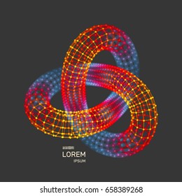 Trefoil knot. Object with connected lines and dots. 3D grid design. Molecular structure. Vector illustration. 