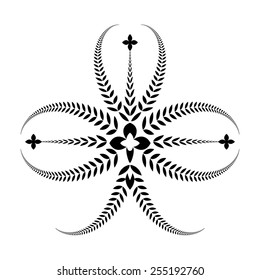 Trefoil, trifolium, cross  sign. Three-leaved black ornament. Ireland, Saint Patrick symbol. Laurel, wreath composition. Defense, belief, glory symbol. Vector isolated 