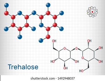 Trehalose, tremalose carbohydrate molecule. Also known as mycose. Is a disaccharide consisting of two molecules of glucose.  Sheet of paper in a cage. Vector illustration
