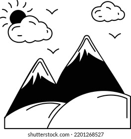 trek through the mountains Concept, Snowy Hills with fields Vector Icon Design, Travel and Tourism Symbol, Holiday and Vacation Sign, Discovery and exploration Stock illustration,