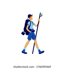 Trekker flat color vector faceless character. Traveller walk with stick on expedition. Man go on adventure. Housetrucking isolated cartoon illustration for web graphic design and animation