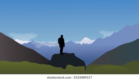 Um trekker fica sozinho no topo de uma montanha, encostado em uma vasta paisagem tranquila. Esta ilustração vetorial minimalista captura a essência da aventura, realização.