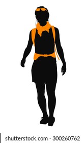 Trekker vector silhouette with orange backpack. EPS 10