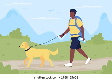 Trekker walk with dog companion flat color vector illustration. Man with labrador exploring trail in countryside. Backpacker 2D cartoon character with panoramic mountains on background