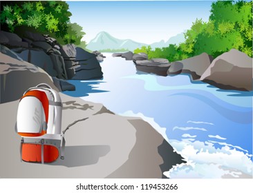 Trekkers bag on rock