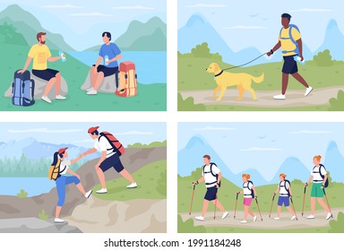 Trekkers in countryside flat color vector illustration set. Family exploring scenic trails. Different backpackers 2D cartoon characters with panoramic wilderness on background collection