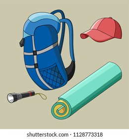 Trekking accessories. Vector objects: blue backpack, red baseball cap, green tourist rug and flashlight. Flat illustrations for design on gray background.
