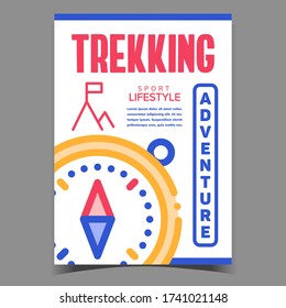 Trekking Adventure Advertisement Poster Vector. Navigational Compass Tool And Climb With Flag On Peak Adventure Banner. Extrime Sport Lifestyle Concept Template Stylish Colorful Illustration