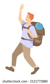 Trekking adventure semi flat RGB color vector illustration. Young man with travel backpack going to trip isolated cartoon character on white background