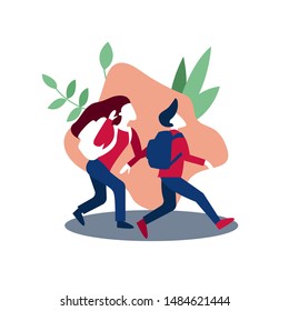 Trekking with backpacks, friends running in nature, Flat vector illustration