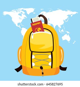 Trekking bag with passport and world map on background travel concept