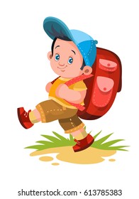 Trekking boy. Funny vector and cartoon isolated character.