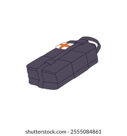 Trekking first aid kit. Medical box with firsaid supplies to travel. Hiking bag to emergency health help. Portable case with remedy, medications. Flat isolated vector illustration on white background