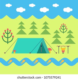 Trekking in Forest. Tent and Bowler on campfire in campaign. Vector illustration
