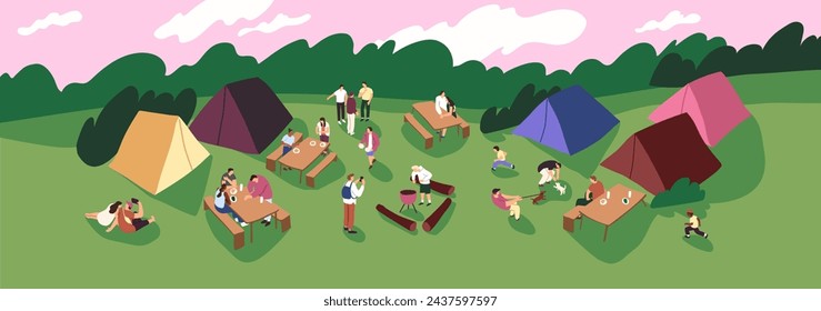 Trekking group sets up tent city in clearing. People camping, do barbecue, eating on picnic tables in nature. Summer entertainment outdoor. Friends rest in holiday hike. Flat vector illustration