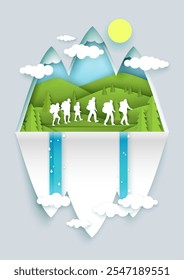 Trekking and hiking adventure tourism papercut poster