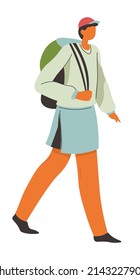 Trekking or hiking hobby, summer vacation and recreation on weekends. Male character with backpack walking and strolling. Isolated personage wearing hat protecting from sun. Vector in flat style