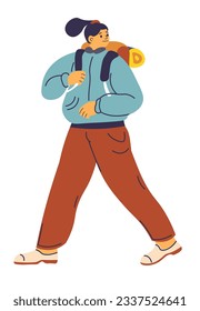 Trekking and hiking, isolated female character wearing comfortable sportswear and carrying backpack going on vacation. Mountaineering and climbing, camping and walking around.Vector in flat style