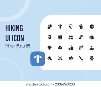 Trekking and hiking line icon set. Included the icons as view, nature, camping, mountain, forest, backpacking, travel, sunset, and many more.