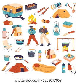 Trekking and hiking summer activities and holidays. Camping people with backpacks, campervans and grill, lantern, and tent for sleeping. Portable stove and sleeping bag. Vector in flat style