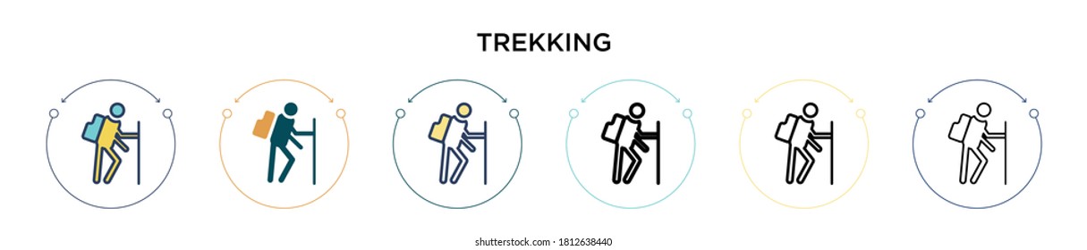Icono de recorrido en el estilo relleno, delgado, contorno y trazo. Ilustración vectorial de dos iconos de los vectores de trekking en color y negro se puede utilizar para móviles, ui, web