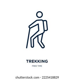 trekking icon from free time collection. Thin linear trekking, hiking, mountain outline icon isolated on white background. Line vector trekking sign, symbol for web and mobile