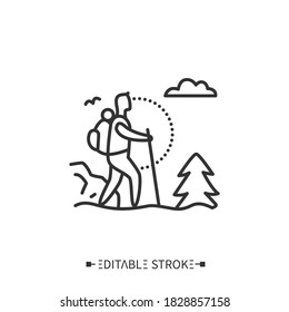 Trekking line icon. Adventure tourism. Mountain tourism. Backpacking. Long distance walking trip with camping stops. Mount climbing.Tourism types concept. Isolated vector illustration.Editable stroke 