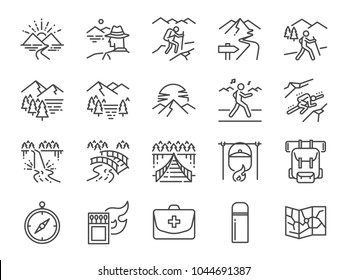 Trekking line icon set. Included the icons as view, nature, camping, mountain, forest, backpacking, travel, sunset and more.