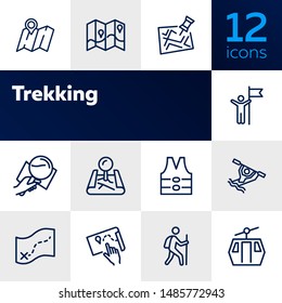 Trekking line icon set. Map, tourist, itinerary. Activity concept. Can be used for topics like hiking, navigation, tourism, active lifestyle