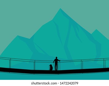 trekking man and backpag on the bridge with mountain view