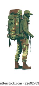 Hombre de senderismo en aislado vectorial en blanco