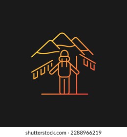 Trekking in Nepal Farbverlauf-Vektorsymbol für dunkles Thema. Bergsteiger-Ziel. Wandern durch den Himalaya. Dünnlinienfarbensymbol. Modernes Piktogramm. Vektor-einzelne Rahmenzeichnung