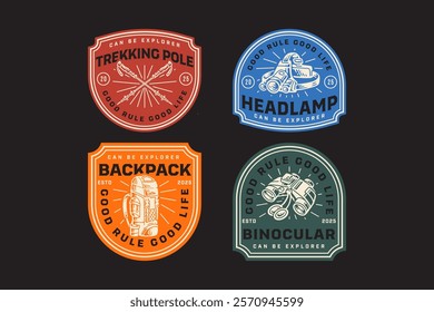 trekking poles, backpack, headlamp, binoculars, telescopic hiking poles, carrier bag, glasses, flashlight retro badge logo vector design collection set for adventure, explorer, mountaineer and hiker