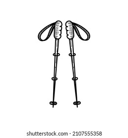 Trekking poles for camping, hand-drawn vector illustration in doodle style. Icon of trekking poles, Nordic walking, recreation, tourism, camping accessories. Hiking in nature and in the mountains.