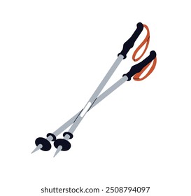 Trekking poles, hiking sticks. Adventure, active travel equipment. Mountaineering touristic gear, walking staffs pair. Flat cartoon vector graphic illustration isolated on white background