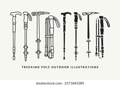 trekking poles, nordic walking pole, hiking sticks, hiking poles outline and filled solid style icon element designs collection set for adventure, camping, explorer, mountaineering