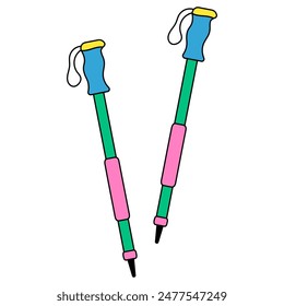 Trekking poles in retro style. Bright hiking poles hand drawn illustration