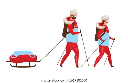 Trekking team flat color vector illustration. Backpackers with sleigh nordic walking. Explorers hiking. Arctic expedition group. Woman and man isolated cartoon character on white background