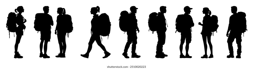 Conjunto de siluetas de viajero de trekking, diseño de silueta de Vector. Mochilero. Alpinista, escalador, excursionista. Senderista masculino y femenino con mochila. Aventura, concepto de turismo de viajes. Siluetas negras